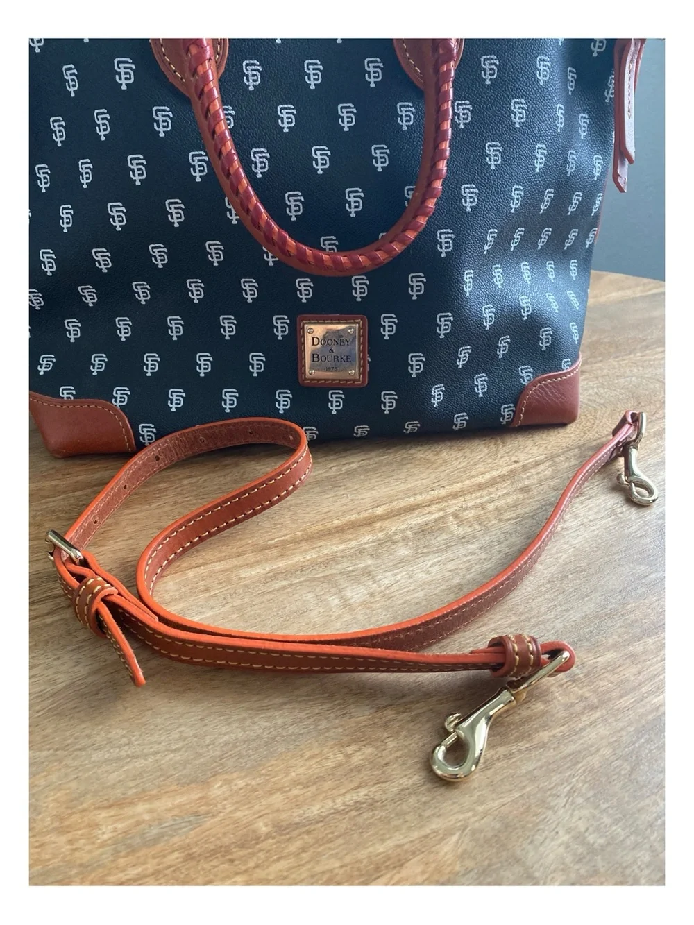 Dooney & Bourke MLB SF Giants Logo Monogram Satchel with Brown Trim